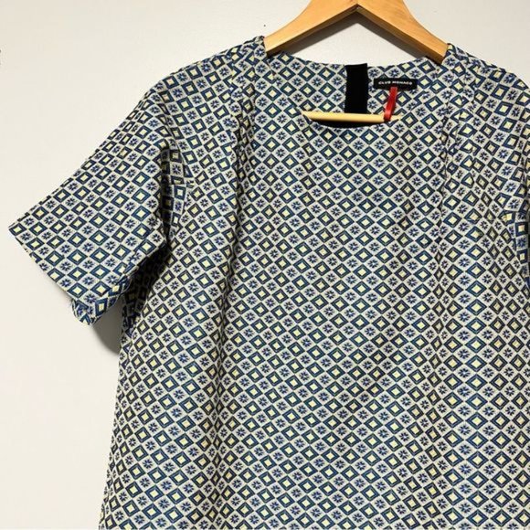 Club Monaco Textured diamond print blue yellow shift dress Short sleeves size 6 - Picture 10 of 12